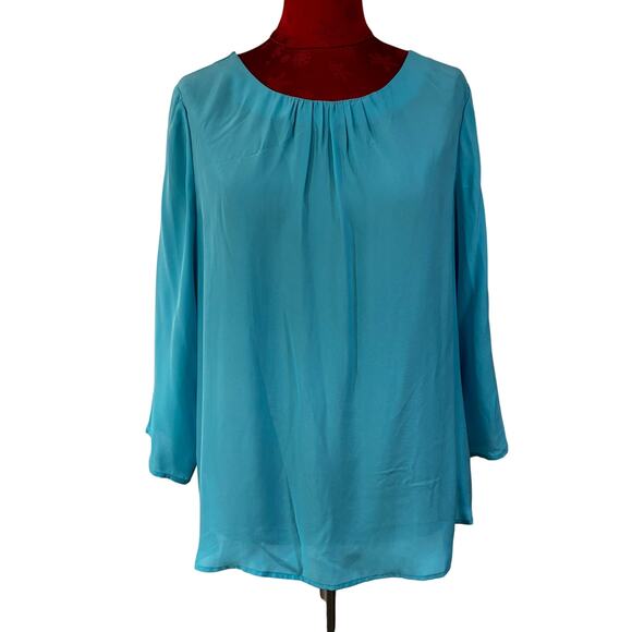 Talbots silk popover top 3/4 sleeve aqua blue scoop neck prairie style 14P NEW - Picture 1 of 7